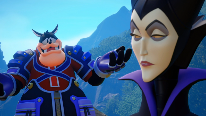 Classic Disney villains Pete and Maleficent, as they appear in Kingdom Hearts 3.